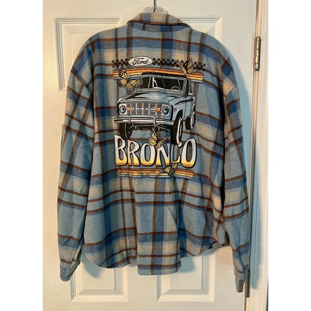 Ford Bronco Flannel Shirt Womens XXL Blue Plaid Graphic Back Shacket Button Up